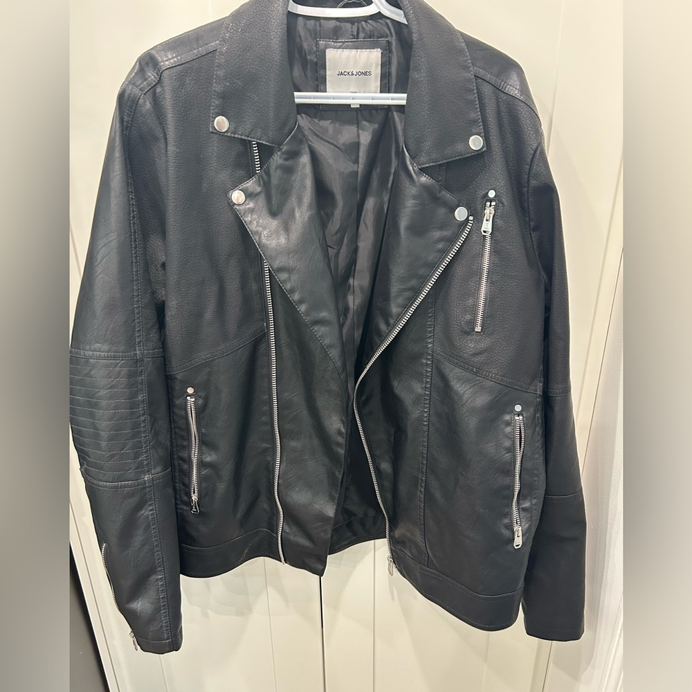 Jack & Jones Black Leather Moto Jacket Asymmetrical Design